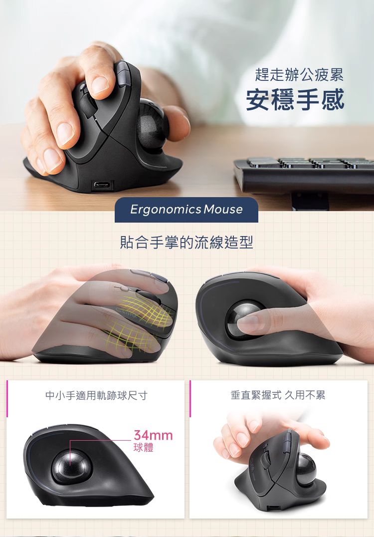 趕走辦公疲累 安穩手感 貼合手掌的流線造型 中小手適用軌跡球尺寸 垂直緊握式 久用不累