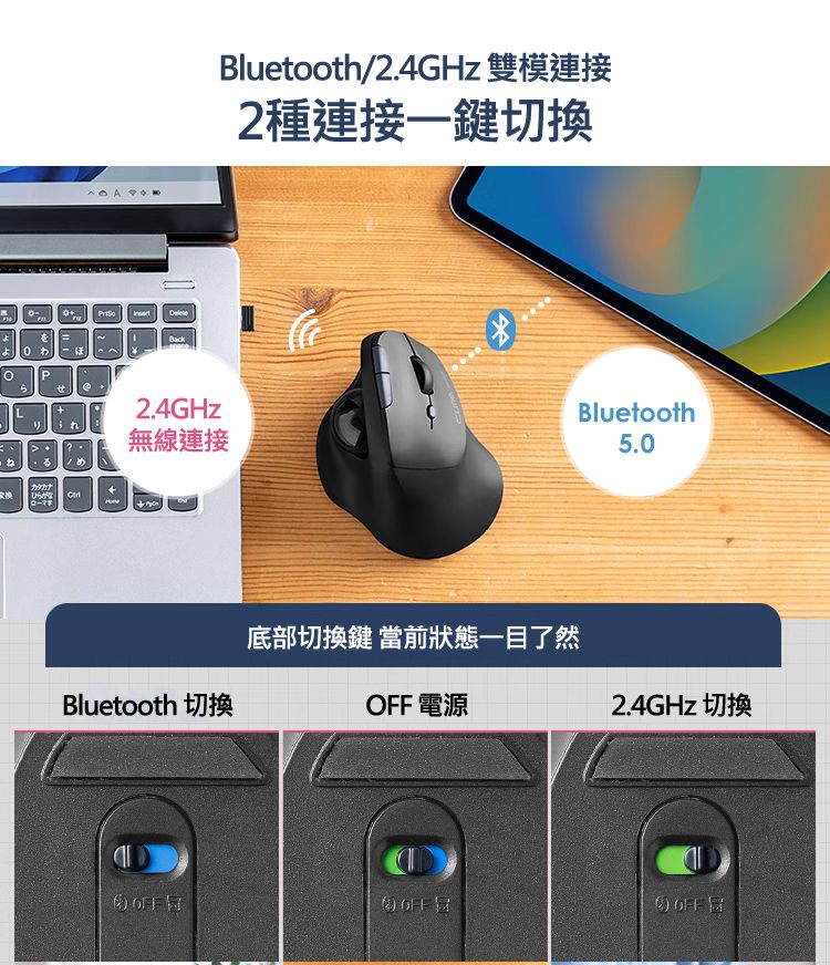 Bluetooth/2.4GHz 雙模連接 2種連接一鍵切換 底部切換鍵 當前狀態一目了然
