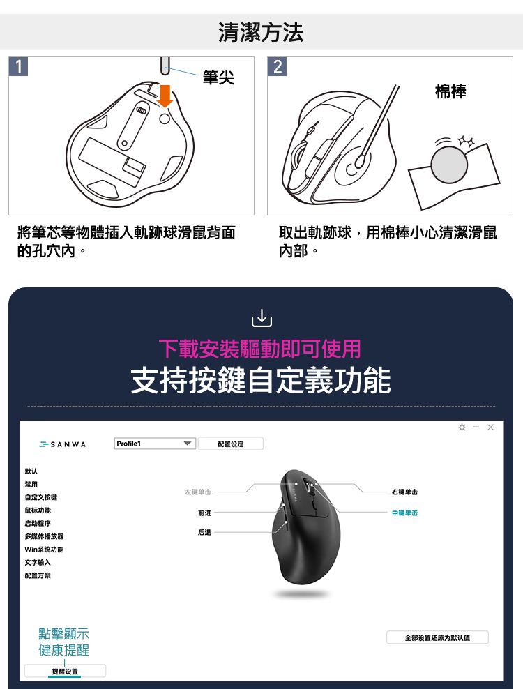 清潔方法 下載安裝驅動即可使用 支持按鍵自定義功能