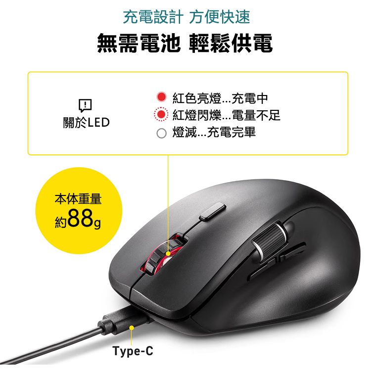 充電設計 方便快速 無需電池 輕鬆供電 本体重量 約88g