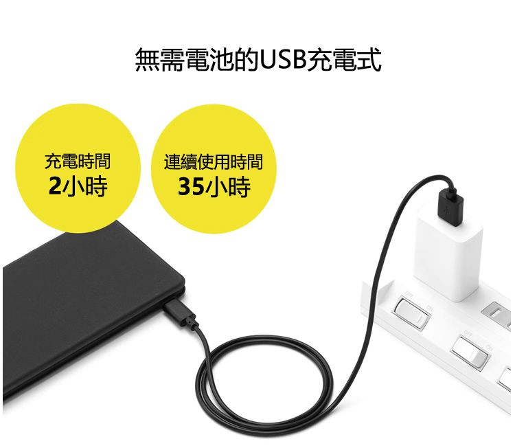 無需電池的USB充電式 充電時間2小時 連續使用時間35小時