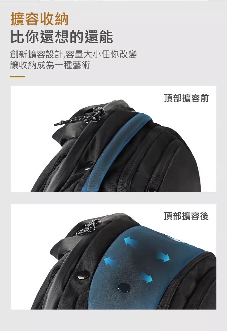 擴容收納 比你還想的還能裝 創新擴容設計,容量大小任你改變 讓收納成為一種藝術 頂部擴容後