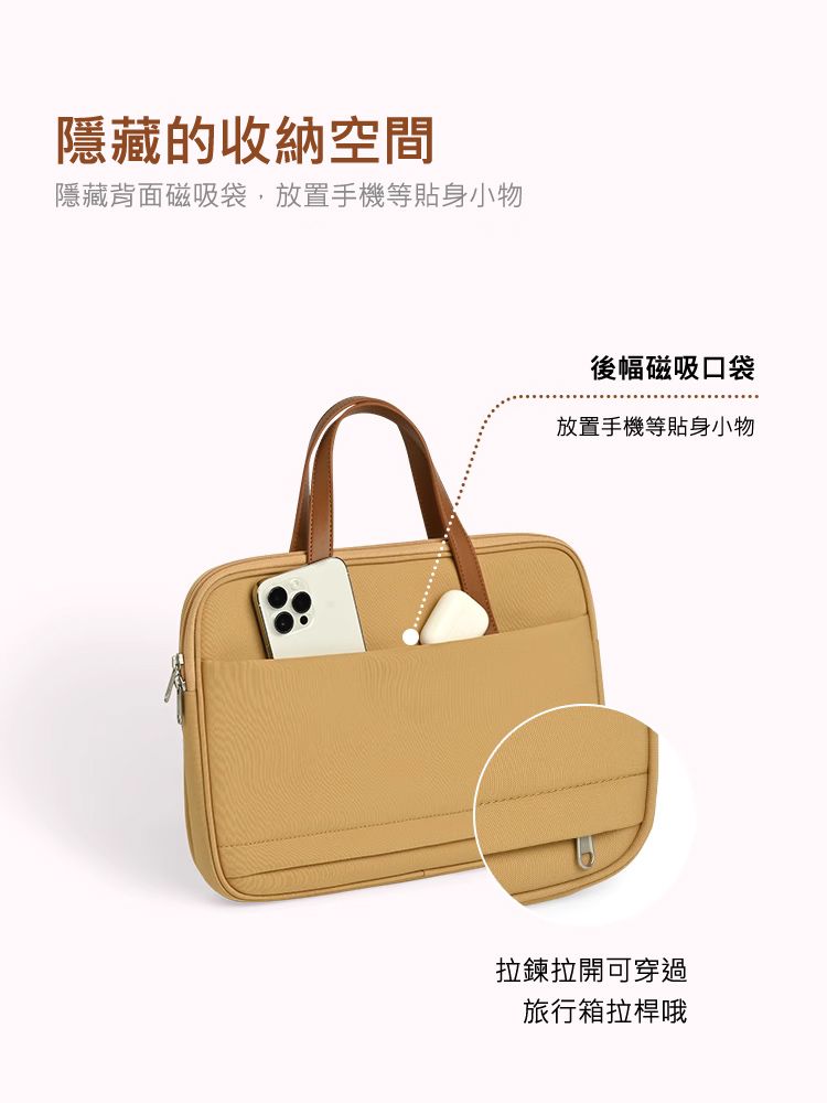 隱藏的收納空間 隱藏背面磁吸袋，放置手機等貼身小物 後幅磁吸口袋 放置手機等貼身小物 拉鍊拉開可穿過 旅行箱拉桿哦