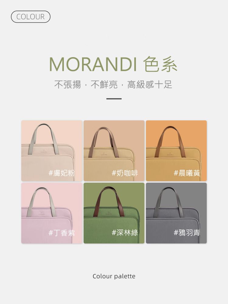 MORANDI 色系 不張揚，不鮮亮，高級感十足 膚妃粉 晨曦黃 深林綠 奶咖啡 丁香紫 鴉羽青