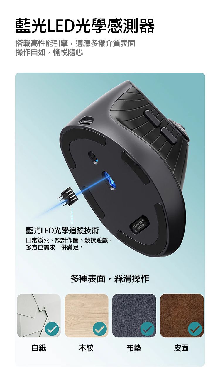藍光LED光學感測器 搭載高性能引擎，適應多樣介質表面 操作自如，愉悅隨心 多種表面，絲滑操作