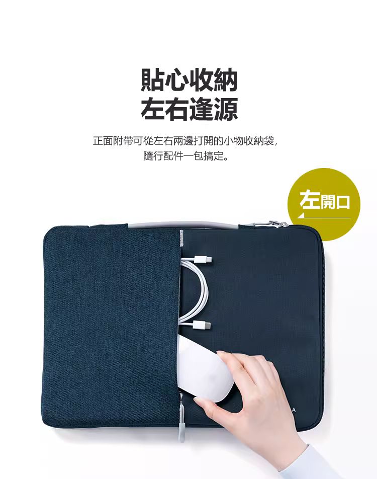 貼心收納 左右逢源 正面附帶可從左右兩邊打開的小物收納袋， 隨行配件一包搞定。左開口