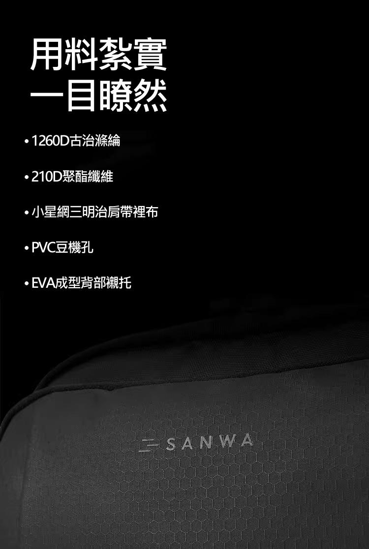 • 1260D古治滌綸 • 210D聚酯纖維 • 小星網三明治肩帶裡布 • PVC豆機孔 • EVA成型背部襯托