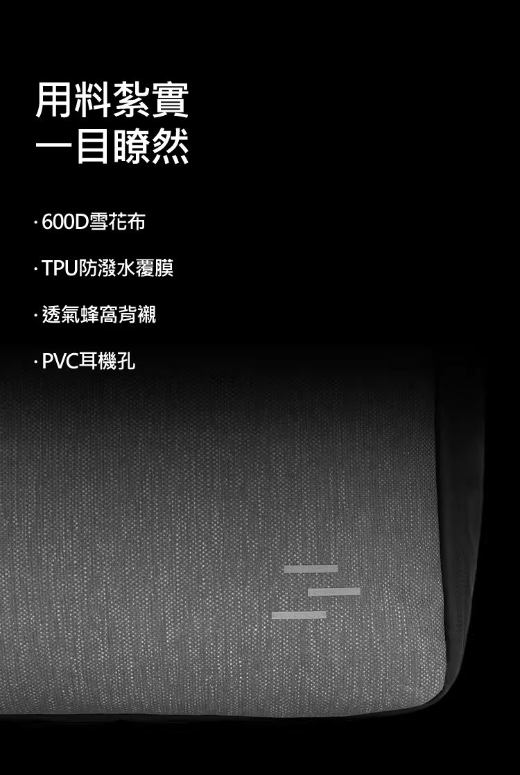 用料紮實 一目瞭然 · 600D雪花布 · TPU防潑水覆膜 · 透氣蜂窩背襯 · PVC耳機孔