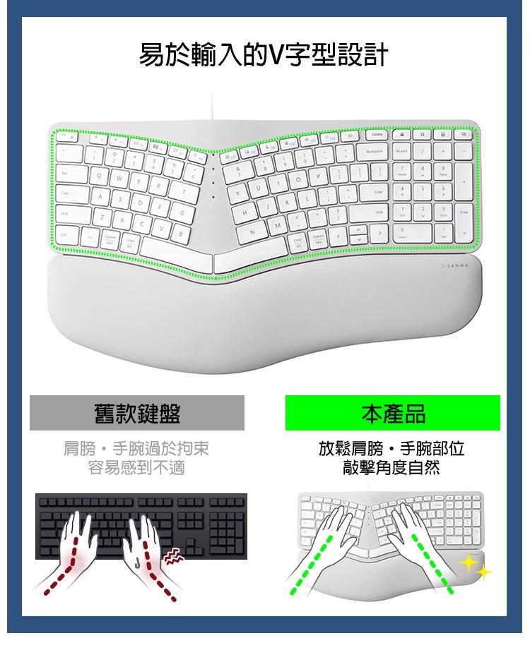 易於輸入的V字型設計 放鬆肩膀·手腕部位 敲擊角度自然