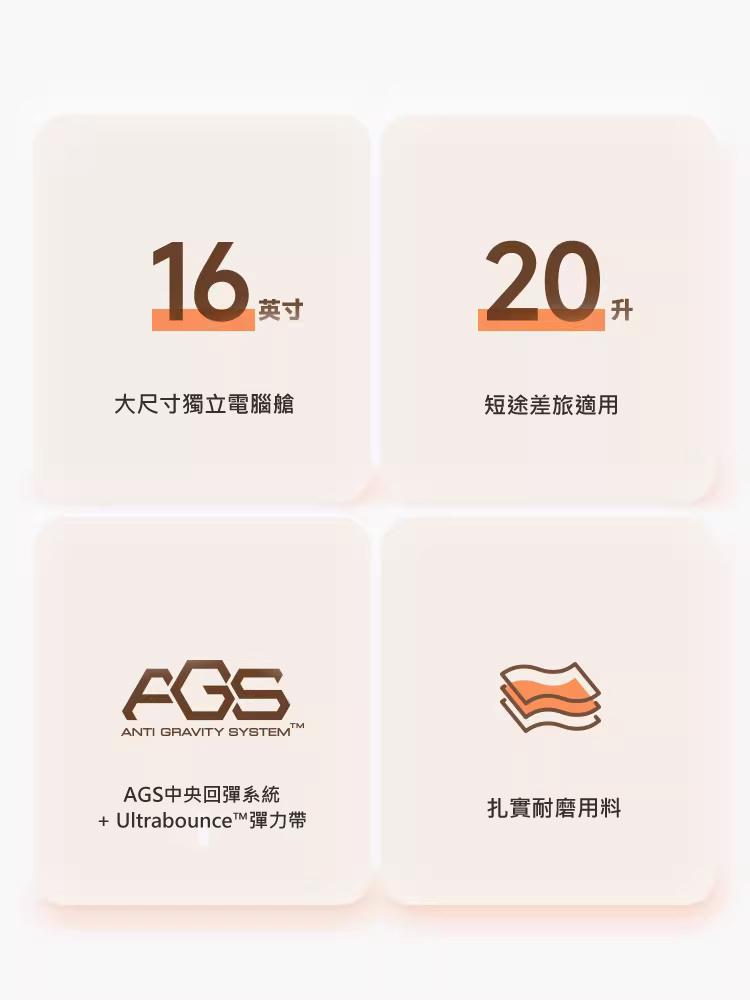 16" 大尺寸獨立電腦艙 20L 短途差旅適用 AGS中央回彈系統 + Ultrabounce™彈力帶 扎實耐磨用料
