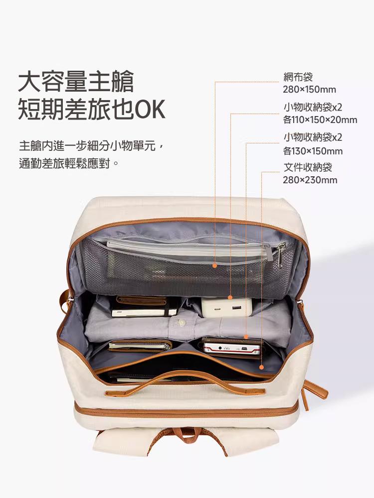 大容量主艙 短期差旅也OK 主艙內進一步細分小物單元，通勤差旅輕鬆應對。