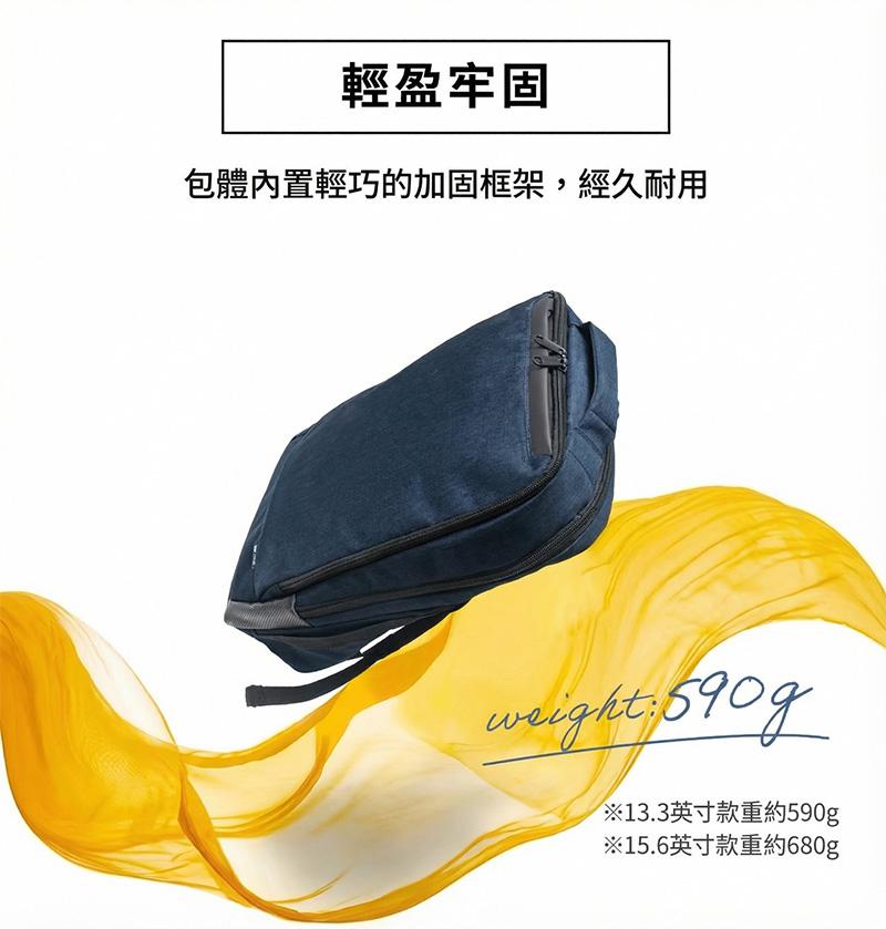 輕盈牢固 包體內置輕巧的加固框架,經久耐用 weight: 590g ※13.3英寸款重約590g ※15.6英寸款重約680g
