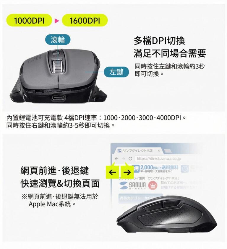 多檔DPI切換 滿足不同場合需要 網頁前進、後退鍵 快速瀏覽&切換頁面