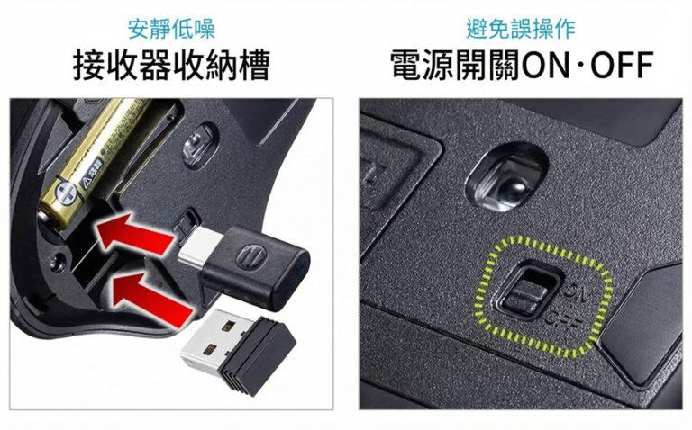 安靜低噪 接收器收納槽 避免誤操作 電源開關ON・OFF