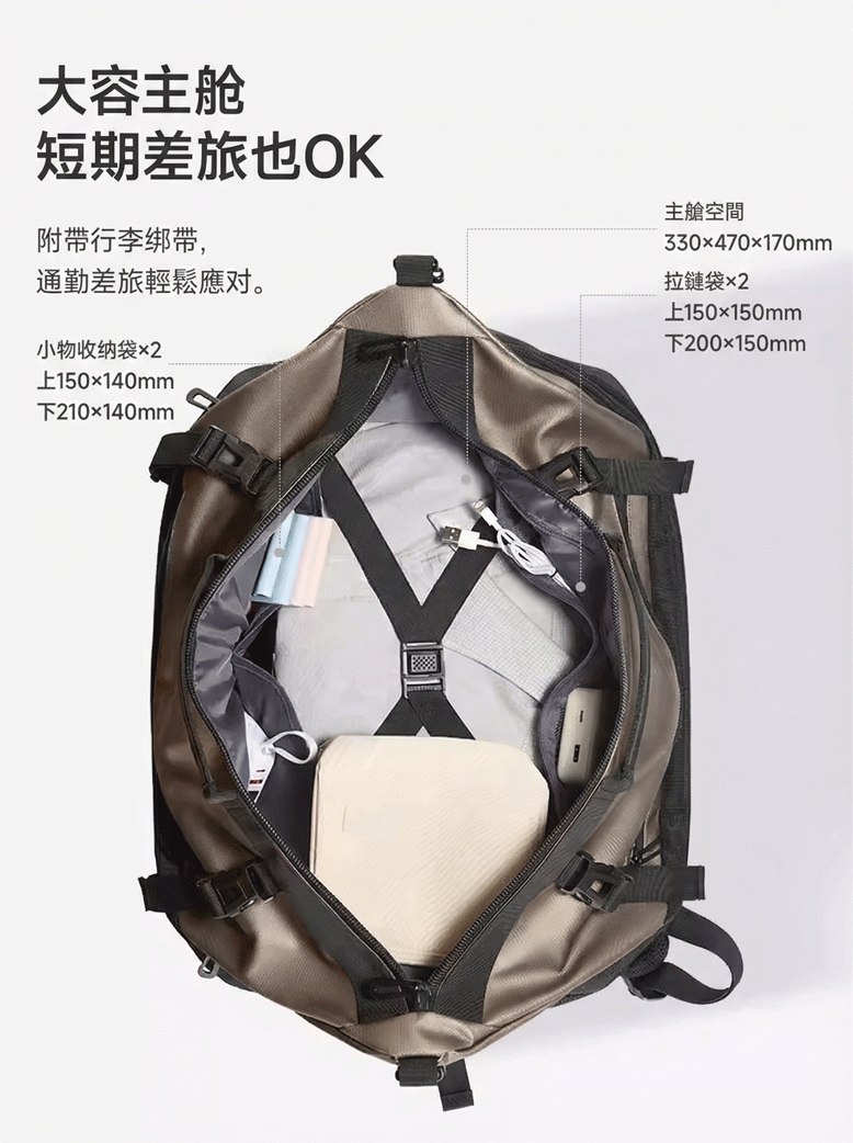 大容主艙 短期差旅也OK 附帶行李綁帶, 通勤差旅輕鬆應對。