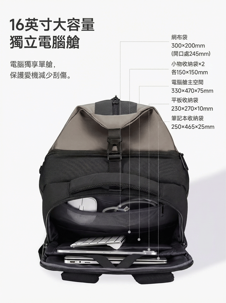 16英吋大容量 獨立電腦艙 電腦獨享單艙, 保護愛機減少刮傷。