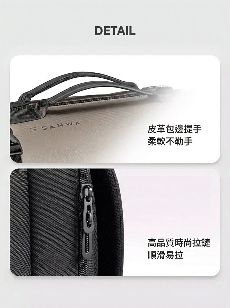 皮革包邊提手 柔軟不勒手 高品質時尚拉鍊 順滑易拉