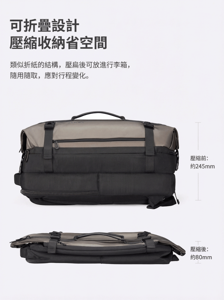 可折疊設計 壓縮收納省空間 類似摺紙的結構,壓扁後可放進行李箱, 隨用隨取,應對行程變化。
