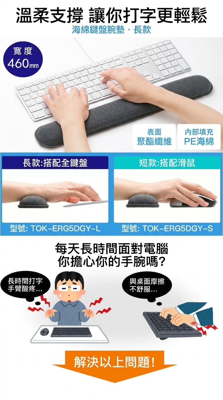溫柔支撐 讓你打字更輕鬆 每天長時間面對電腦你擔心你的手腕嗎? 與桌面摩擦 不舒服... 解決以上問題!