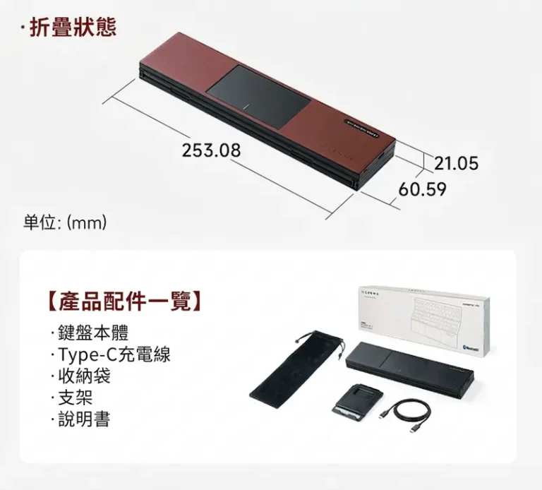 折疊狀態【產品配件一覽】 鍵盤本體 Type-C充電線 收納袋 支架 說明書