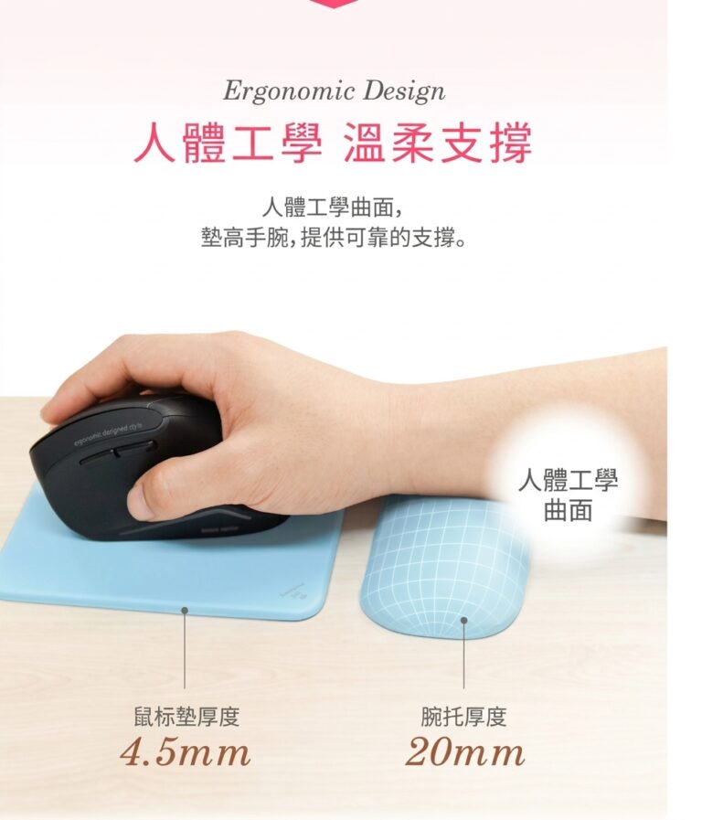 人體工學柔軟支撐 人體工學曲面，墊高手腕，提供可靠的支撐。